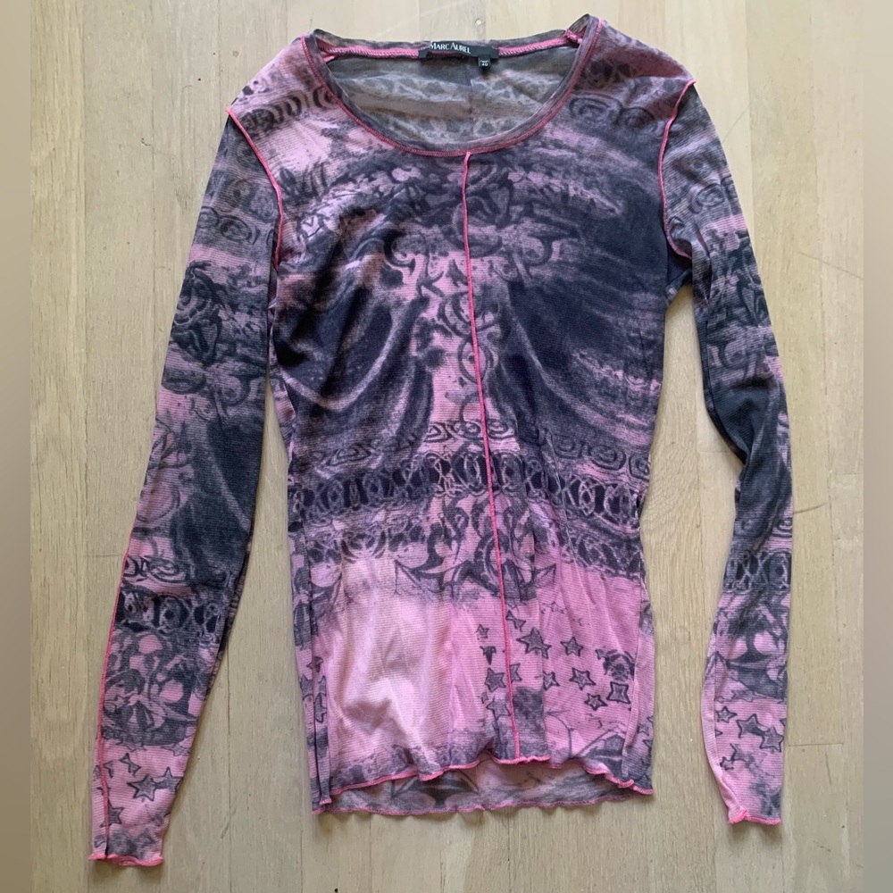 Mesh Pink and Black Patterned Long Sleeve Going Out Top
